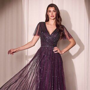 NEW LONG FORMAL A-LINE TULLE GOWN W/ BUTTERFLY SLEEVES & BEADED DESIGN CD0241